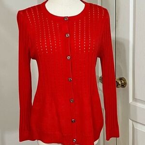 St. John Knit Cardigan Lightweight Red Wool Blend Woman's Pointelle‎ Size S